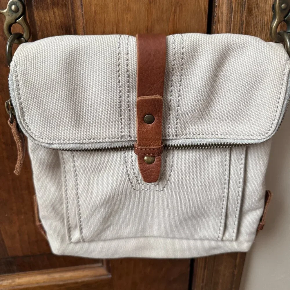 J. Jill Natural White Canvas w/Brown Leather Trim Crossbody Bag - Picture 1 of 15